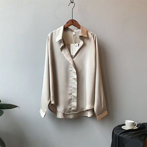 2019 Spring Women Fashion Long Sleeves Satin Blouse Vintage Femme V Neck Street Shirts Elegant Imitation Silk Blouse 5273 50