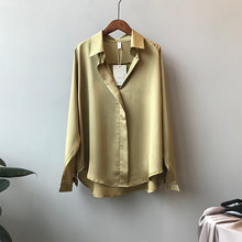 Load image into Gallery viewer, 2019 Spring Women Fashion Long Sleeves Satin Blouse Vintage Femme V Neck Street Shirts Elegant Imitation Silk Blouse 5273 50