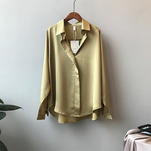 2019 Spring Women Fashion Long Sleeves Satin Blouse Vintage Femme V Neck Street Shirts Elegant Imitation Silk Blouse 5273 50