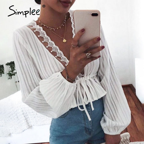 Simplee Sexy deep v neck white women blouse shirts Vintage holiday spring summer chic tops Casual lace long sleeve short tops