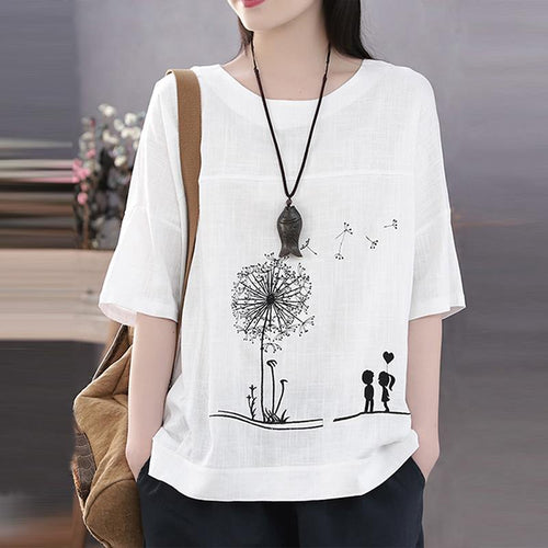 Vintage Autumn O Neck 3/4 Sleeve Blouse Women Cotton Linen Shirt Female Casual Cartoon Printed Tunic Tops Chemise Loose Blusas