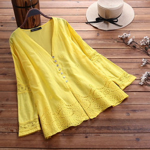 2019 ZANZEA Women's Summer Blouse Autumn Long Sleeve Shirts Female V Neck Lace Blusas Plus Size Tunic S-5XL Fashion Hollow Tops