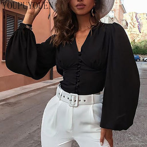 Ladies Blouse Lantern Sleeve Top 2020 Summer V Neck Crop Tops Fashion Elegant Shirts Women Black Blouses Long Sleeves Clothing