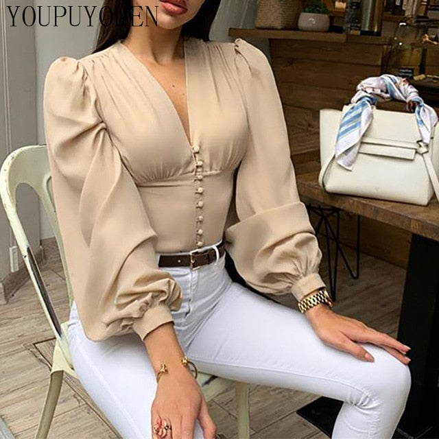 Ladies Blouse Lantern Sleeve Top 2020 Summer V Neck Crop Tops Fashion Elegant Shirts Women Black Blouses Long Sleeves Clothing