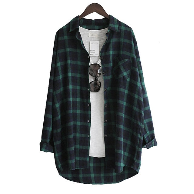 VogorSean Cotton Women Blouse Shirt Plaid 2019 Loose Casual Plaid Long sleeve Large size Tops Womens Blouses red/green