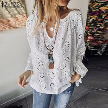 Load image into Gallery viewer, 2019 ZANZEA Women&#39;s Summer Blouse Autumn Long Sleeve Shirts Female V Neck Lace Blusas Plus Size Tunic S-5XL Fashion Hollow Tops