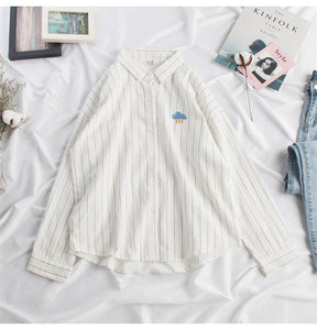 Woherb 2020 Women Kawaii Striped Blouse Moon Embroidery Korean Ladies Tops Blusas Casual Batwing Sleeve Linen Shirt 20824