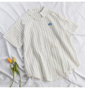 Woherb 2020 Women Kawaii Striped Blouse Moon Embroidery Korean Ladies Tops Blusas Casual Batwing Sleeve Linen Shirt 20824