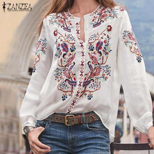 Bohemian Printed Tops Women's Autumn Blouse ZANZEA 2019 Plus Size Tunic Fashion V Neck Long Sleeve Shirts Female Casual Blusas