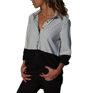 New women Long Sleeve 2019 Shirts Casual Patchwork Striped Blouse Plus Size Top Tee Female Shirts Turn-Down Collar blouse