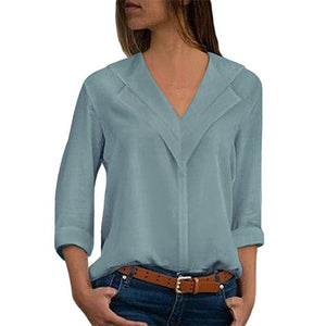 New women Chiffon Blouse 2019 Long Sleeve Shirt Fashion V Neck Slim Solid Top Ladies Office Blouse Plus Size Casual top