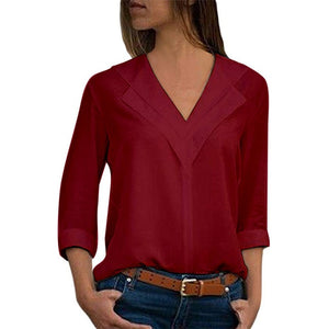 New women Chiffon Blouse 2019 Long Sleeve Shirt Fashion V Neck Slim Solid Top Ladies Office Blouse Plus Size Casual top