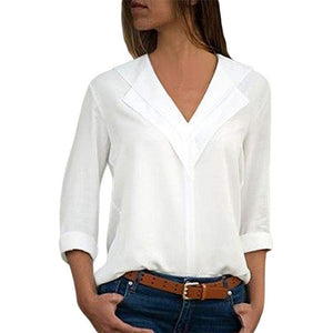 New women Chiffon Blouse 2019 Long Sleeve Shirt Fashion V Neck Slim Solid Top Ladies Office Blouse Plus Size Casual top