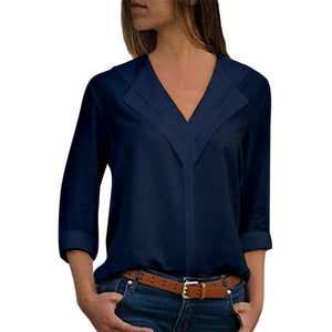 New women Chiffon Blouse 2019 Long Sleeve Shirt Fashion V Neck Slim Solid Top Ladies Office Blouse Plus Size Casual top