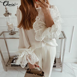 Summer Lace Shirts Women Fashion White Blouses Celmia 2020 Sexy Long Flare Sleeve Ruffles Tops Casual Loose Blusas Mujer S-5XL