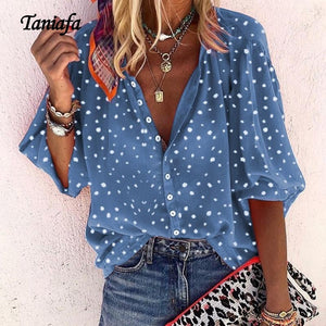 Taniafa Fashion Women Casual Loose Print Long Sleeve Shirts Casual V Neck Polka Dot Tops Blouse Plus Size