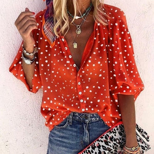 Taniafa Fashion Women Casual Loose Print Long Sleeve Shirts Casual V Neck Polka Dot Tops Blouse Plus Size