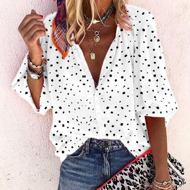 Taniafa Fashion Women Casual Loose Print Long Sleeve Shirts Casual V Neck Polka Dot Tops Blouse Plus Size