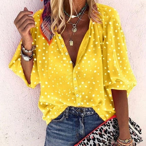 Taniafa Fashion Women Casual Loose Print Long Sleeve Shirts Casual V Neck Polka Dot Tops Blouse Plus Size