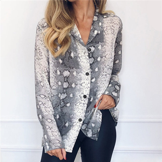 Snake Print Blouse new Patchwork 2019 Sleeve Women Chiffon Blouse Casual Loose Top Tee Vintage Ladies Basic Shirt Plus Size