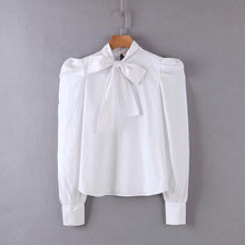 Load image into Gallery viewer, new spring fashion women solid color bow tied design casual white blouse office lady puff sleeve shirts chic chemise tops LS6273