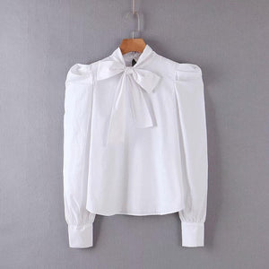 new spring fashion women solid color bow tied design casual white blouse office lady puff sleeve shirts chic chemise tops LS6273