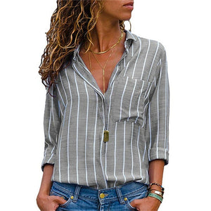 Striped Blouse new Womens Tops And Blouses Spring 2019 Sleeves with Pocket Women Blusas Mujer Office Work OL Shirt Plus Size