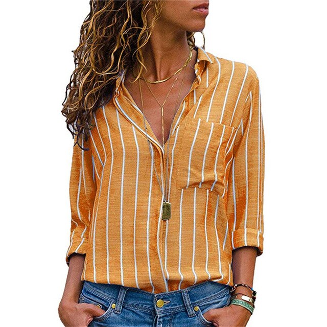 Striped Blouse new Womens Tops And Blouses Spring 2019 Sleeves with Pocket Women Blusas Mujer Office Work OL Shirt Plus Size