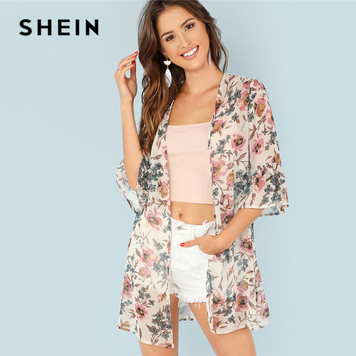 SHEIN Multicolor Vacation Boho Bohemian Beach Floral Print Flounce Sleeve Long Kimono Summer Women Weekend Casual Blouse Top