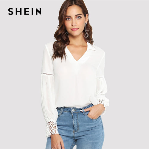 SHEIN Laser Cut Insert Guipure Lace Cuff Blouse White V Neck Long Sleeve Cut Out Tops Women Autumn Elegant Workwear Shirt