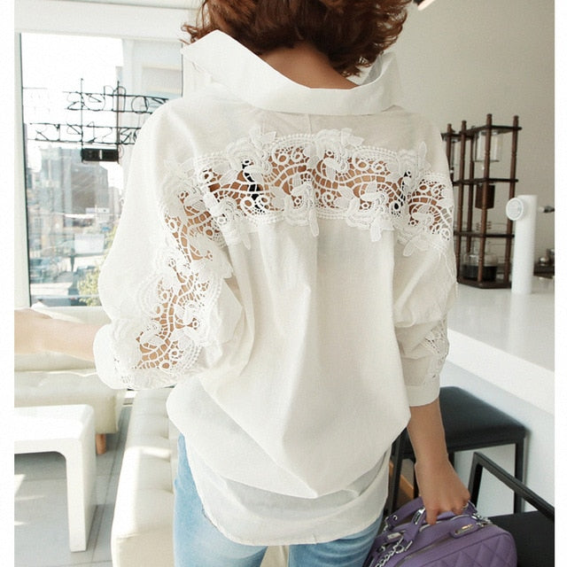 fashion women tops Summer 2018 backless sexy Hollow Out Lace Blouse Shirt Ladies casual Loose White office blouse women 1310 40