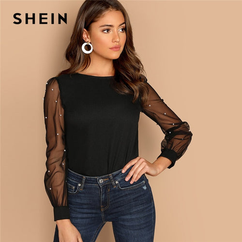 SHEIN Modern Lady Black Pearl Beaded Mesh Sleeve Round Neck Plain Top Women Streetwear Autumn Minimalist Elegant Blouse