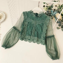 Load image into Gallery viewer, New Arrival Ladies Mesh Lace Hook Flower Lantern Sleeve Loose Retro Short Pullover Blouse Shirts Women Fashion Cute Voile Suits