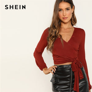 SHEIN Night Out Modern Lady Burgundy Surplice Wrap Deep V Neck Crop Top Women Streetwear Autumn Minimalist Elegant Blouse