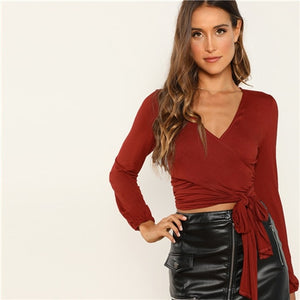 SHEIN Night Out Modern Lady Burgundy Surplice Wrap Deep V Neck Crop Top Women Streetwear Autumn Minimalist Elegant Blouse