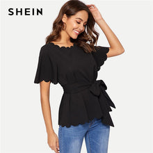 Load image into Gallery viewer, SHEIN Black Scallop Trim Belted Solid Blouse Top 2019 Summer Office Lady Elegant Flounce Sleeve Workwear Women Blouses and Tops