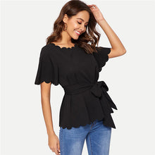 Load image into Gallery viewer, SHEIN Black Scallop Trim Belted Solid Blouse Top 2019 Summer Office Lady Elegant Flounce Sleeve Workwear Women Blouses and Tops