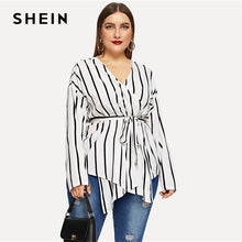 Load image into Gallery viewer, SHEIN White Asymmetrical Plus Size V-neck Belted Striped Blouses Women 2019 Elegant Spring Long Sleeve Highstreet Tops Blouse