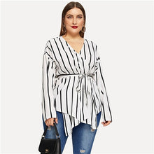 Load image into Gallery viewer, SHEIN White Asymmetrical Plus Size V-neck Belted Striped Blouses Women 2019 Elegant Spring Long Sleeve Highstreet Tops Blouse