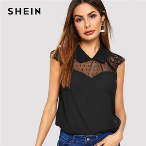 SHEIN Black Mesh and Lace Insert Shell Top Lapel Solid Blouse Casual Sleeveless Women Summer Plain Workwear Tops and Blouses