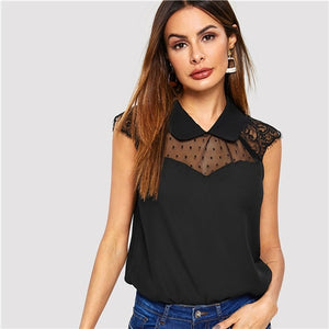 SHEIN Black Mesh and Lace Insert Shell Top Lapel Solid Blouse Casual Sleeveless Women Summer Plain Workwear Tops and Blouses