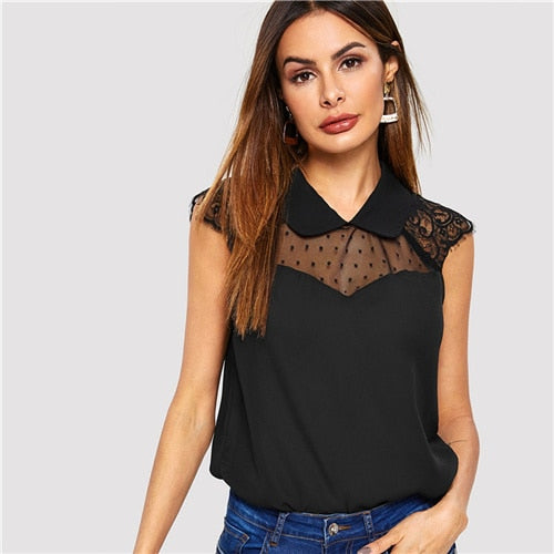 SHEIN Black Mesh and Lace Insert Shell Top Lapel Solid Blouse Casual Sleeveless Women Summer Plain Workwear Tops and Blouses