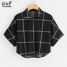 Load image into Gallery viewer, Dotfashion Black And White Cuffed Sleeve Grid Shirt 2019 Summer Casual Batwing Sleeve Placket Clothing Womens Tops And Blouses