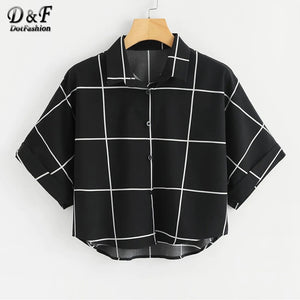 Dotfashion Black And White Cuffed Sleeve Grid Shirt 2019 Summer Casual Batwing Sleeve Placket Clothing Womens Tops And Blouses