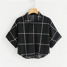 Load image into Gallery viewer, Dotfashion Black And White Cuffed Sleeve Grid Shirt 2019 Summer Casual Batwing Sleeve Placket Clothing Womens Tops And Blouses