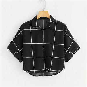 Dotfashion Black And White Cuffed Sleeve Grid Shirt 2019 Summer Casual Batwing Sleeve Placket Clothing Womens Tops And Blouses