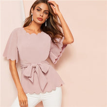 Load image into Gallery viewer, SHEIN Black Scallop Trim Belted Solid Blouse Top 2019 Summer Office Lady Elegant Flounce Sleeve Workwear Women Blouses and Tops