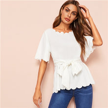 Load image into Gallery viewer, SHEIN Black Scallop Trim Belted Solid Blouse Top 2019 Summer Office Lady Elegant Flounce Sleeve Workwear Women Blouses and Tops