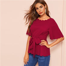 Load image into Gallery viewer, SHEIN Black Scallop Trim Belted Solid Blouse Top 2019 Summer Office Lady Elegant Flounce Sleeve Workwear Women Blouses and Tops