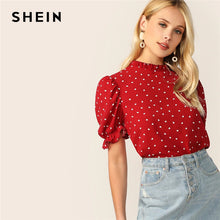 Load image into Gallery viewer, SHEIN Frilled Neck Puff Sleeve Confetti Heart Print Top Red Stand Collar Short Sleeve Blouse Elegant Women Summer Blouses